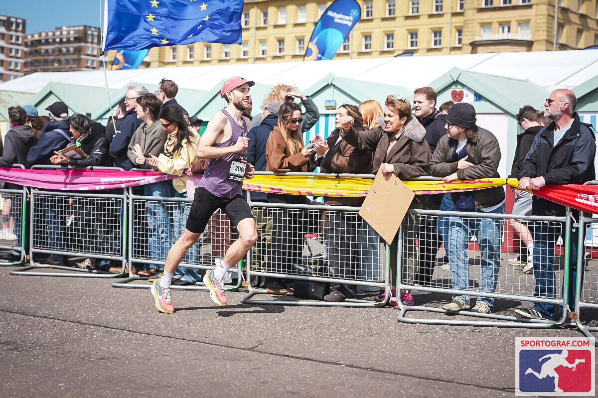 Me, nearly at the finish line, with a shot of the crowd on the sidelines