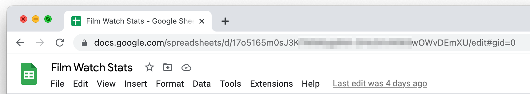 Address bar in Google Chrome showing Google Sheet webpage