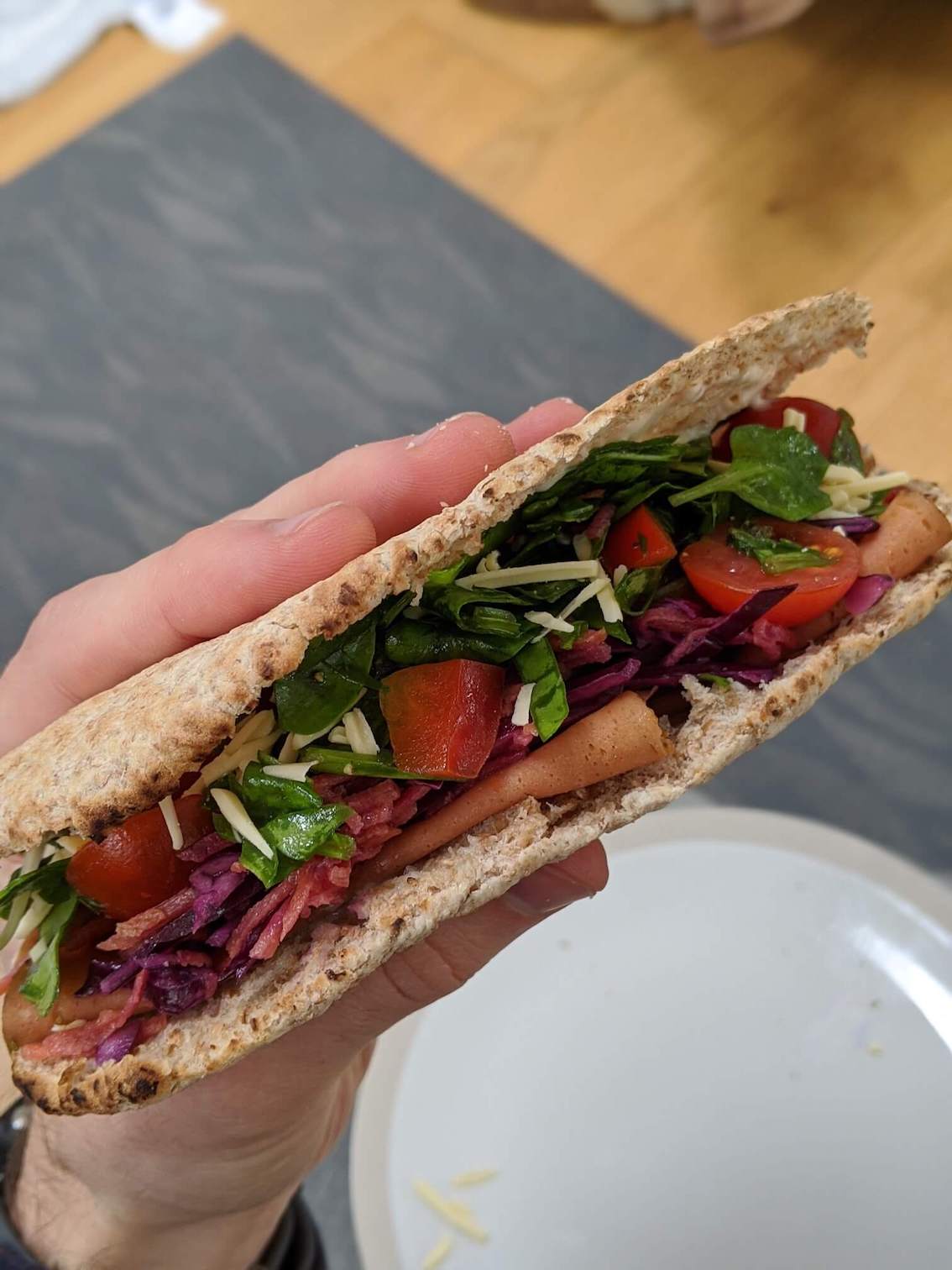 Ham, cheese, coleslaw, and salad pitta