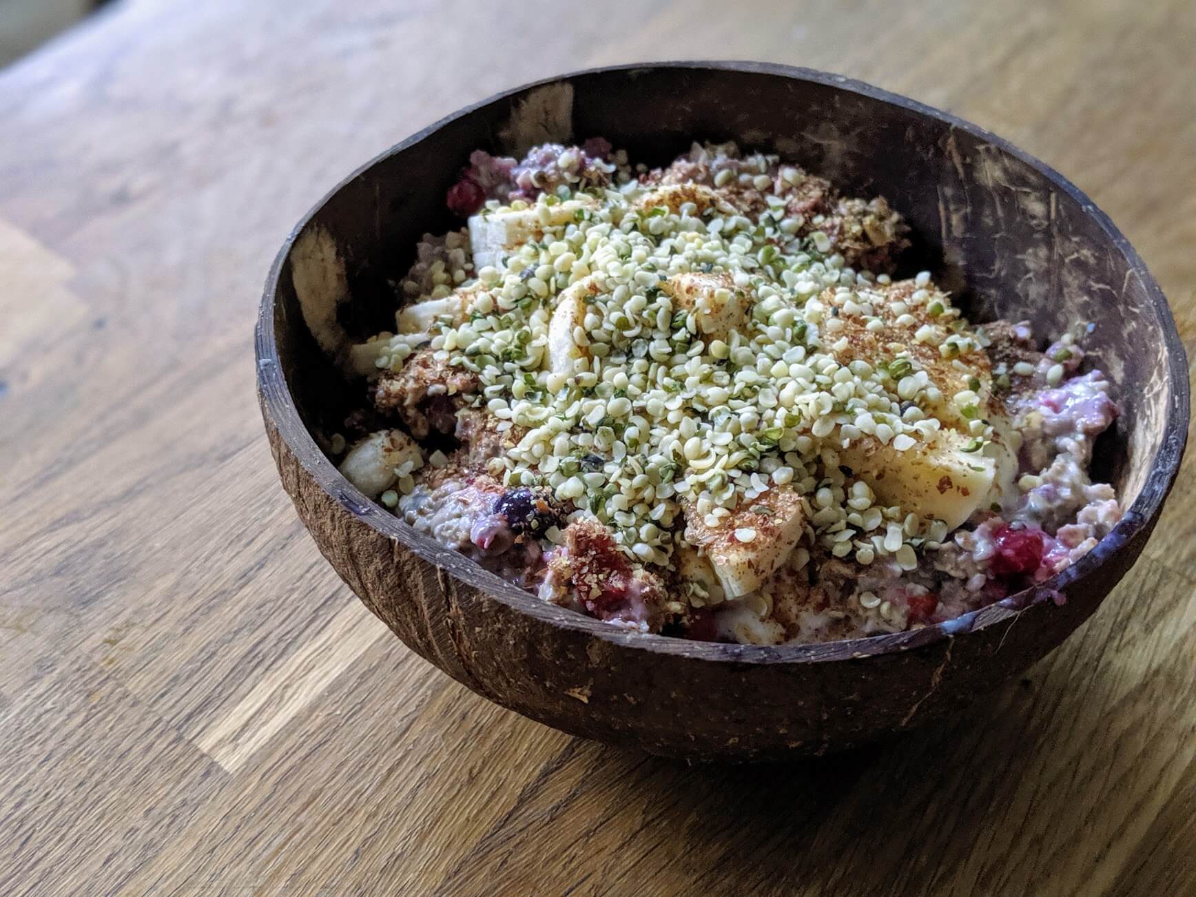 Overnight oats in a coconut bowl