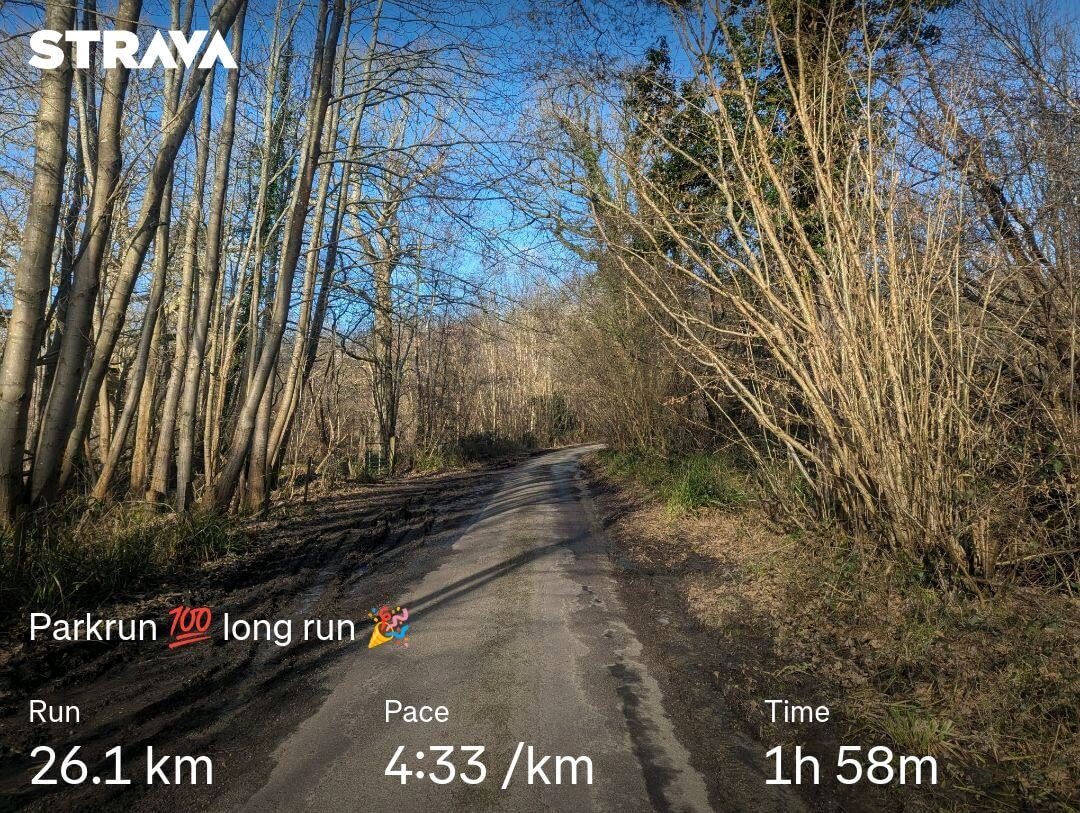 Parkrun 100 long run - 26.1k @ 4:33/km