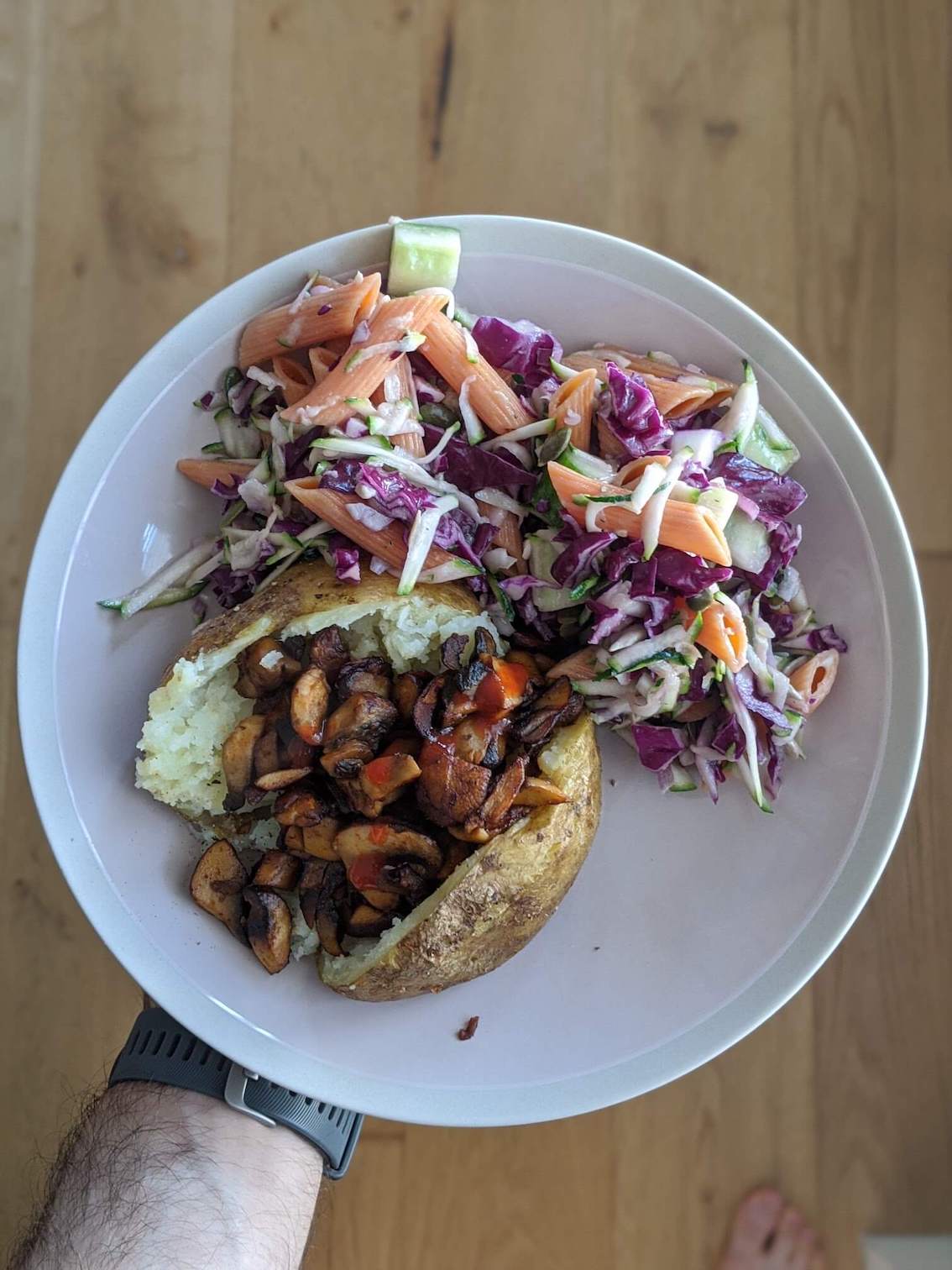 Red lentil Pasta salad, baked potato with soy mushrooms