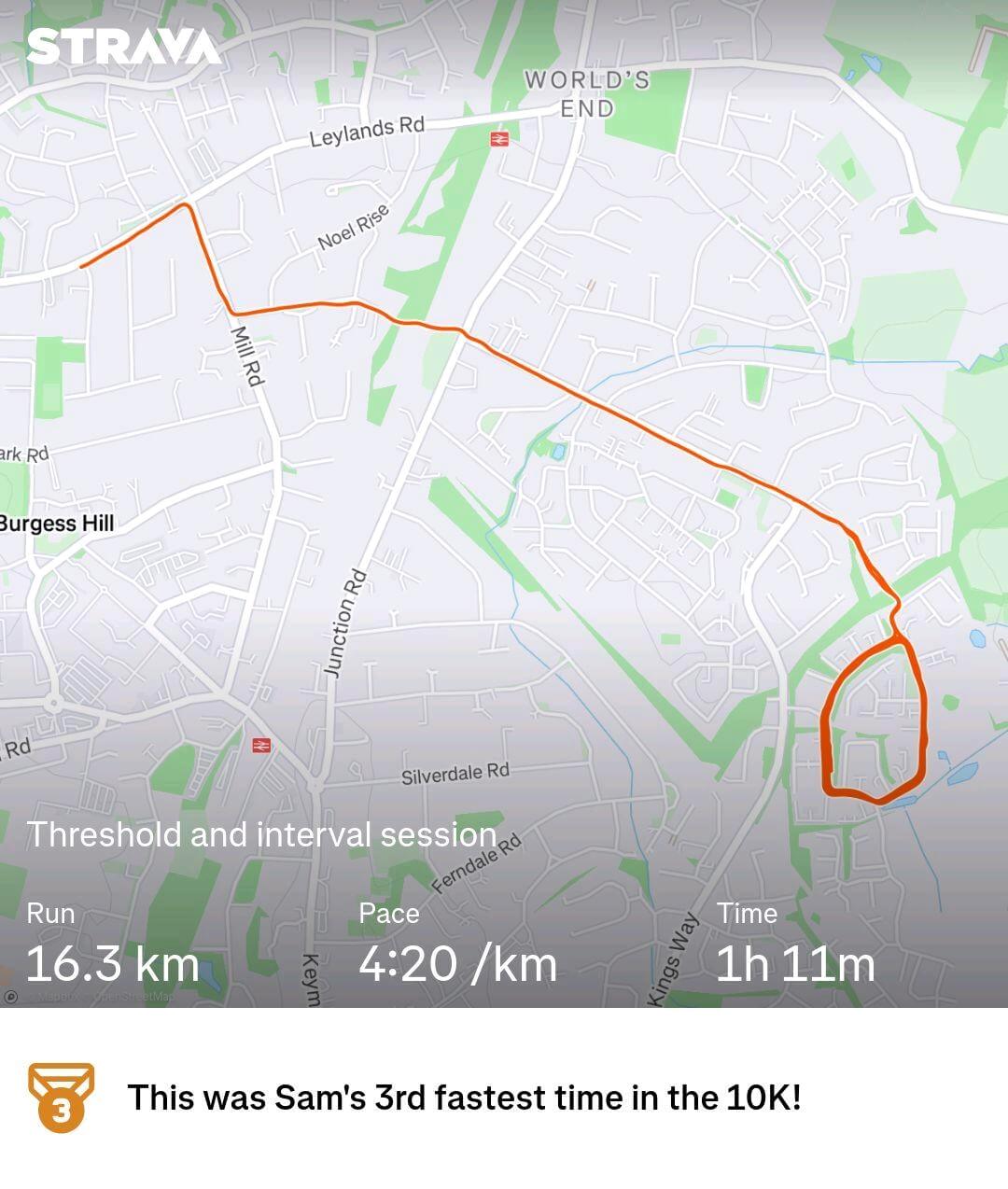Threshold and interval session - 16.3k @ 4:20/km