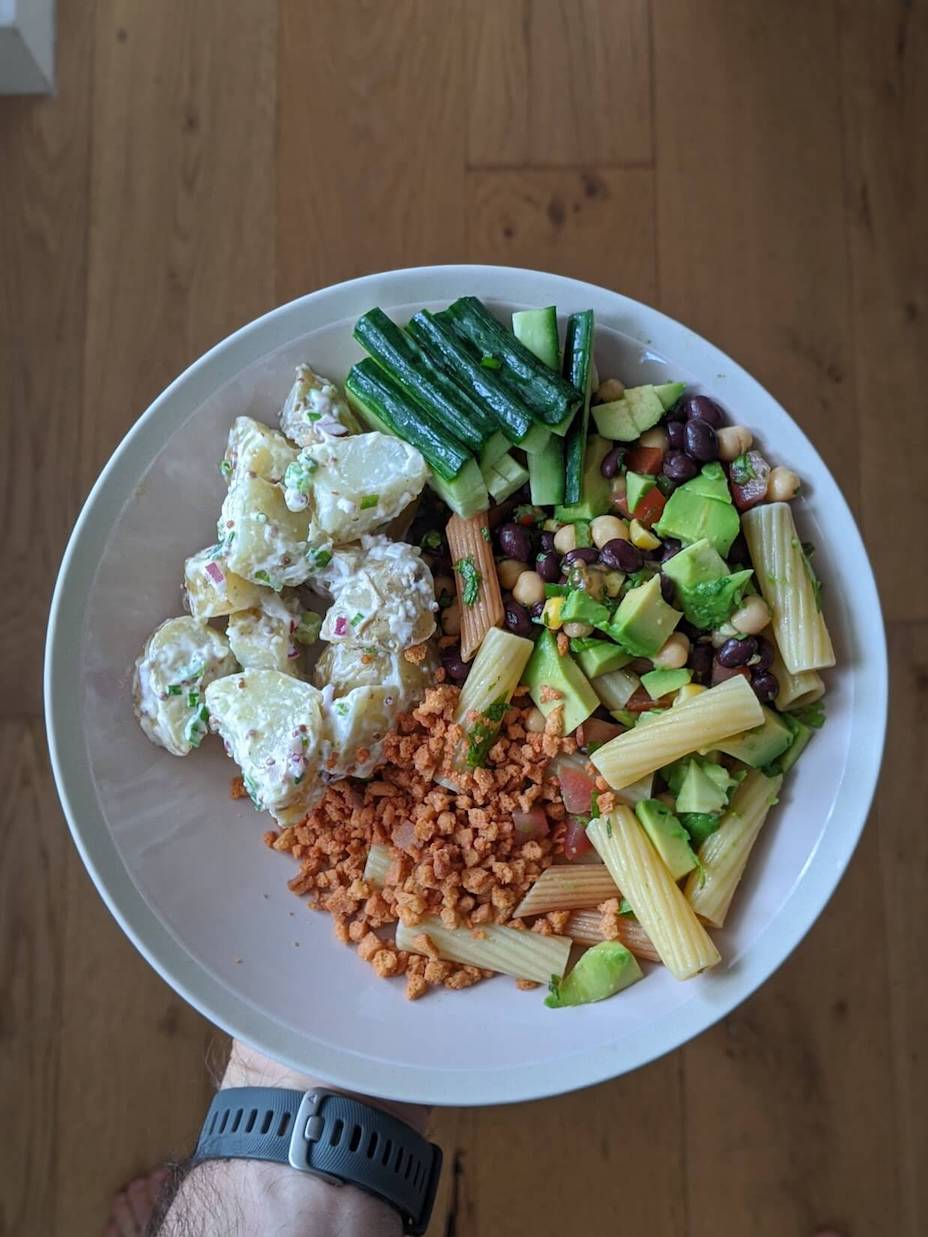 Avocado, black bean and chickpea pasta salad; potato salad; cucumber and bacon salad sprinkes